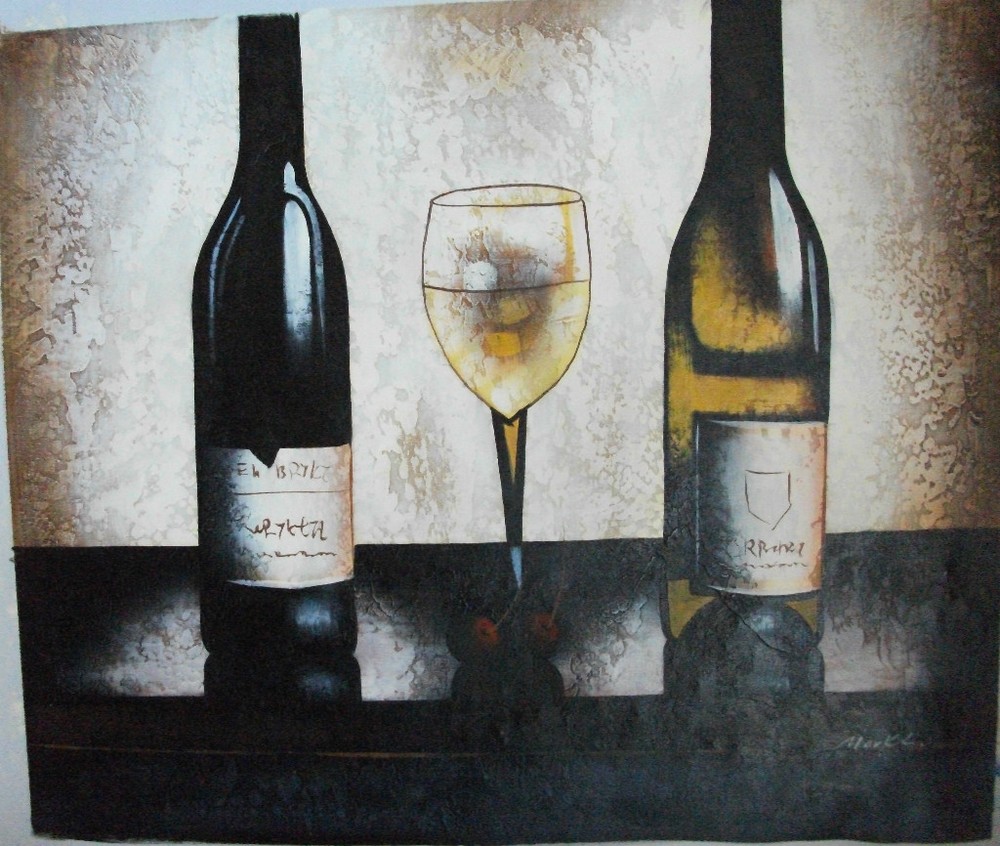 Hand painted and signed 2 bottles of vine art OIL PAINTING ON CANVAS, 20″ x 24″
