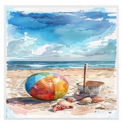 Watercolor olorful Ball, Shells, Metal Pail, and Shovel on Sandy Shore Canvas