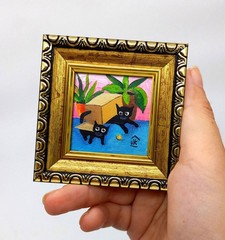 Black Kittens in a Box Mini Handmade Oil Painting, Framed Cat Art, Cat Lover Gif
