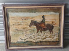 SIGNED WESTERN ANTIQUE LANDSCAPE IMPRESSIONIST OIL PAINTING „HORSE SHEEPS SCENE“