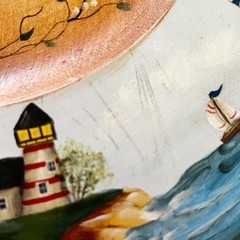 Hand Painted Wooden Plate Folk Art Coastal Village Nautical Americana Harbor
