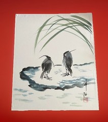 Original Sumi Ink Watercolor Painting Birds Artist Seal With Signature