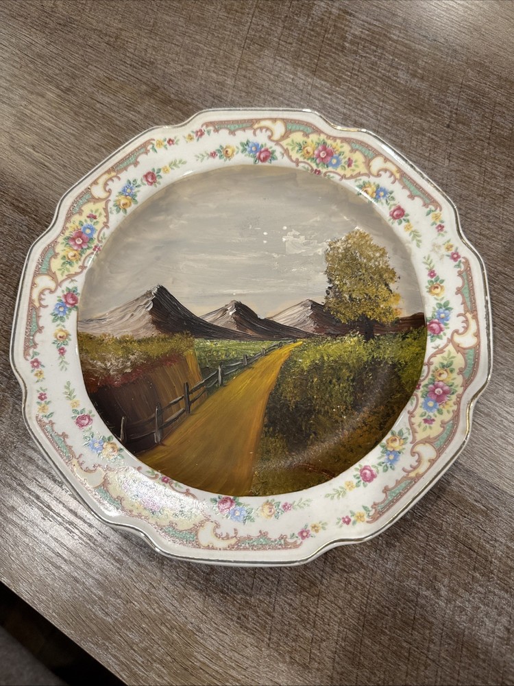 Vintage Rustic Hand Painted decorative plate With landscape scene 9”Beautiful