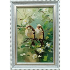 Two Birds Original Oil Painting 4×6 Framed Signed Cute Songbird Blossom Tree Art