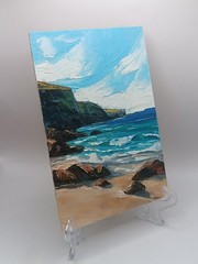 Original Seascape Oil Painting Framed Miniature Ocean Waves Cliffs Coast Art 6*4