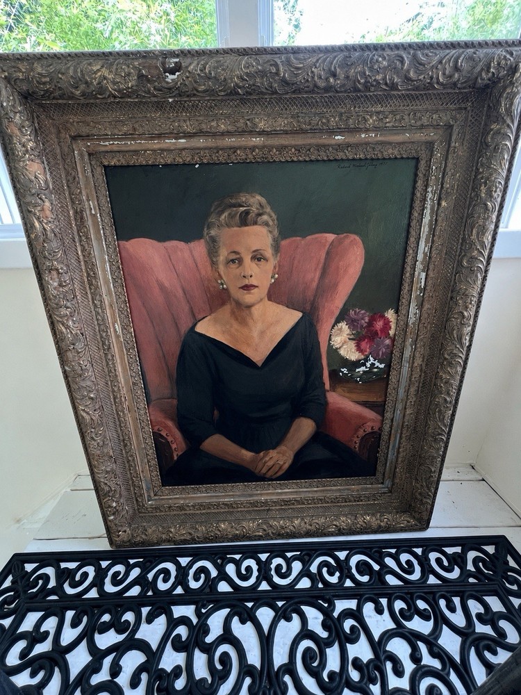 Richard M. Gibney 1955 Signed Oil Portrait Woman Antique Gilt Frame 37×31