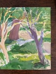 1990s Watercolor Painting Group of Trees and Path California Artist 14 x 11