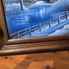 Vintage Painted Mirror Blue Moutains Cabin Trees Outdoorsy Forrest Frame *Flaws
