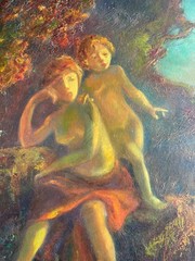 1850’s French Romantic Antique Oil Canvas – Allegory of Motherhood in Landscape