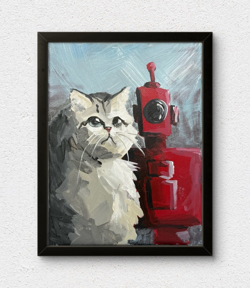 Original 8×10 Cat Robot Painting Whimsical Animal Art Acrylic Canvas