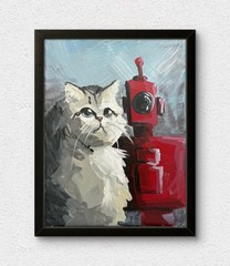 Original 8×10 Cat Robot Painting Whimsical Animal Art Acrylic Canvas