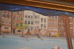 Vintage Art Painting Bicycle Pedal Flower Cart Town Square City Village Framed