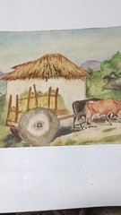 Original 1943 Watercolor Painting Rural Scene with Cows Cart House Realism