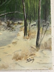 M Ramos Acrylic on Board Forest Pine Tree Snow Scene Amateur Painting 9×12