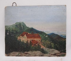 Early Orig Miniature Primitive Adirondack Oil On Board Naive Folk Art Painting