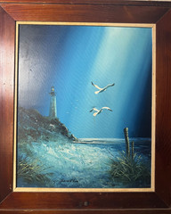 Large Philip Sadee „Seaside With Lighthouse Gulls“ Oil Painting – Signed/Framed