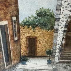 Liz Donner Watercolor Painting European Street Scene Framed Matted 24×20