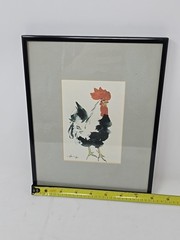 Chinese Ink Brush Painting Rooster Signed Chan Shu Hong Hong Kong Framed Art