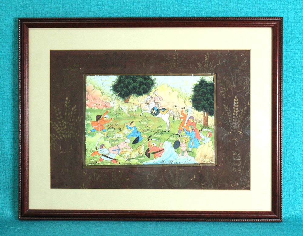 Vintage Indo Persian Miniature Oil Painting Framed Hunting Battle Scene Art