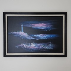 Morgan Vintage Original Oil Painting Lighthouse Moonlit Seascape Framed 41×29
