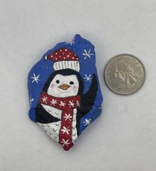 Whimsical Penguin Wearing Red Scarf and Snow Hat, Christmas Winter painted rock
