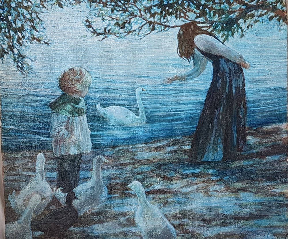 Original Helen Rayburn Caswell Oil Painting 18×20 Children Feeding Geese @ Lake