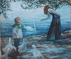 Original Helen Rayburn Caswell Oil Painting 18×20 Children Feeding Geese @ Lake