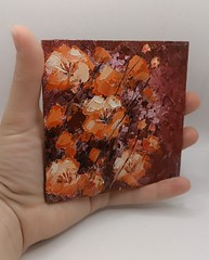Textured Orange Flowers Painting Original Impasto Burgundy Botanical Art Framed