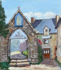 Vintage French Painting Village Saint-Suliac Brittany Medieval Churchyard Signed