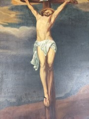 Very Large Antique Painting Oil on Wooden panel Crucifixion after Antoon Van Dyc