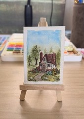ACEO watercolor_with_g Cozy Cottage In The Woods With Trees, Flowers Landscape