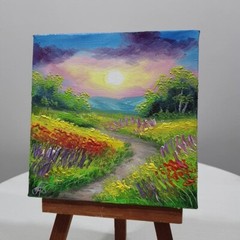 Original Oil Painting Sunrise Meadow Path Flowers Landscape Wall Art Decor Gift