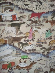 Rare Item: Traditional Mongolian Painting on Animal Hide Depicting Nomadic Life