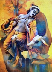 Krishna and Holy Cow | Handmade Painting | Cotton Canvas | Acrylic Color