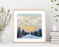 Original Art 10×10″ Rocky Mountains Painting Pine Forest Landscape Art