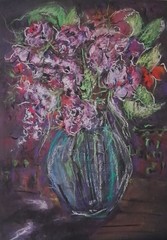 Purple Lilac Rose Bouquet Blue Vase Original Dry Pastel Painting 8.3×11.4 in