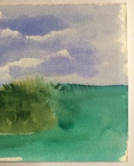 Original Painting Watercolor Island Green Blue Ocean Sky Reef 4 3/4″ x 7 1/2″