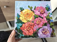 Original Art Oil Painting Pink Peonies Flowers Artwork on Canvas 30x30cm
