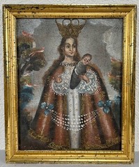Antique Cuzco Spanish Colonial Oil Painting Virgin Mary Christ Retablo 19th C.