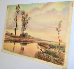 DAVID MACKOFF ANTIQUE WATERCOLOR ON CARDBOARD SIGNED DATED 1939 RIVER LANDSCAPE