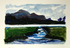 Original watercolor tonalist painting on paper ACEO art mountains Tarrantts