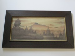ANTIQUE BUDDHA PAINTING CITY VILLAGE VIEW NIGHT SUNSET OLD FRAME BATIK MODERNIST