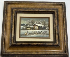 Vintage Norton Framed Winter Landscape Oil Painting Impasto Snow 15”x 13” MCM