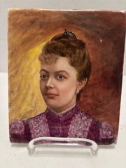 French Portrait of Woman in Scarlet on Porcelain Plaque Signed 1892 6×5″