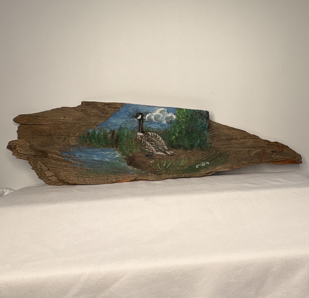 Griffin Hand Painted Folk Art Goose Lake Landscape on Wood Signed, Unframed