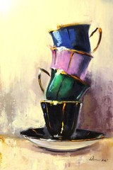 VINTAGE MULTICOLORED cups Oil Painting 8x12in UKRANE