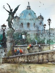 ORIGINAL PAINTING WATERCOLOR VIENNA CITY SCENE ARCHITECTURE CITYSCAPE 12×9 in