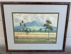 Vintage Tropical Island Hawaii Mountain Plein Air Signed Watercolor Painting