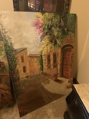 One of one Village Courtyard Street Scene Canvas Painting Large Unframed