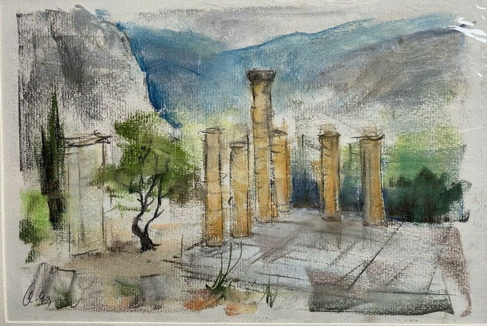 Franz Ehmke *1928 -2018 °Greece Delphi Columns Plateau Mountains Gray Signed